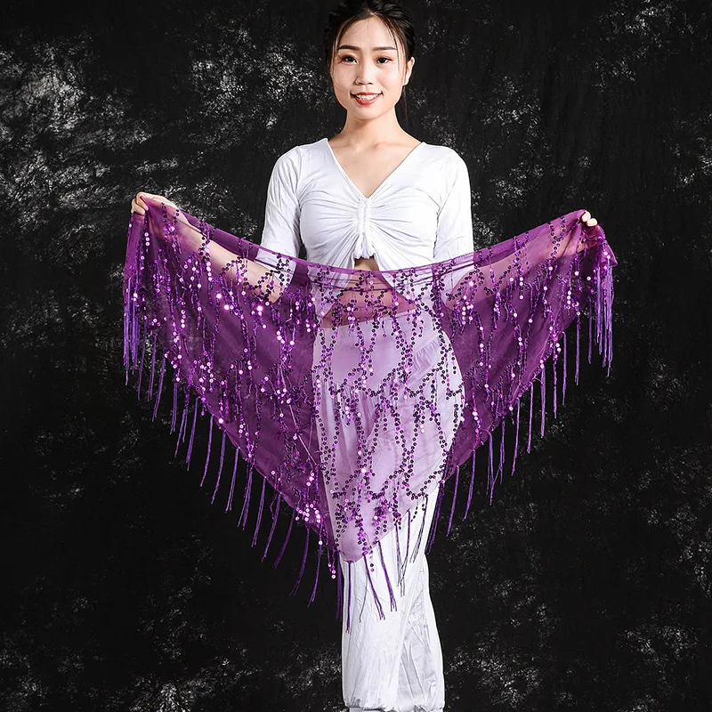 Best Seller Belly Dance Accessory Set | Sequin Fringe Triangle Scarf & Waist Chain, Performance Hip Scarf with Practice Skirt