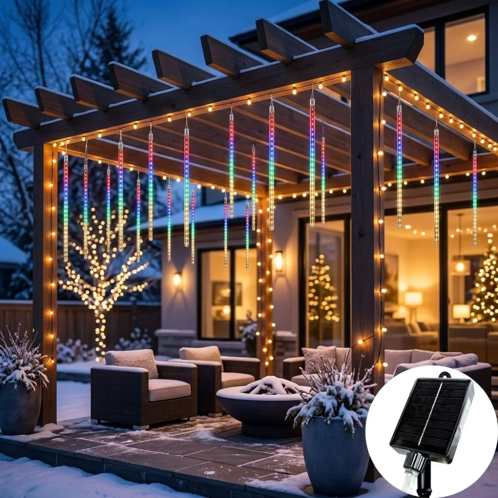 Solar Meteor Shower Lights White 10 Tubes Waterproof for Christmas Halloween Outdoor Tree Garden Party Balcony Window Decor