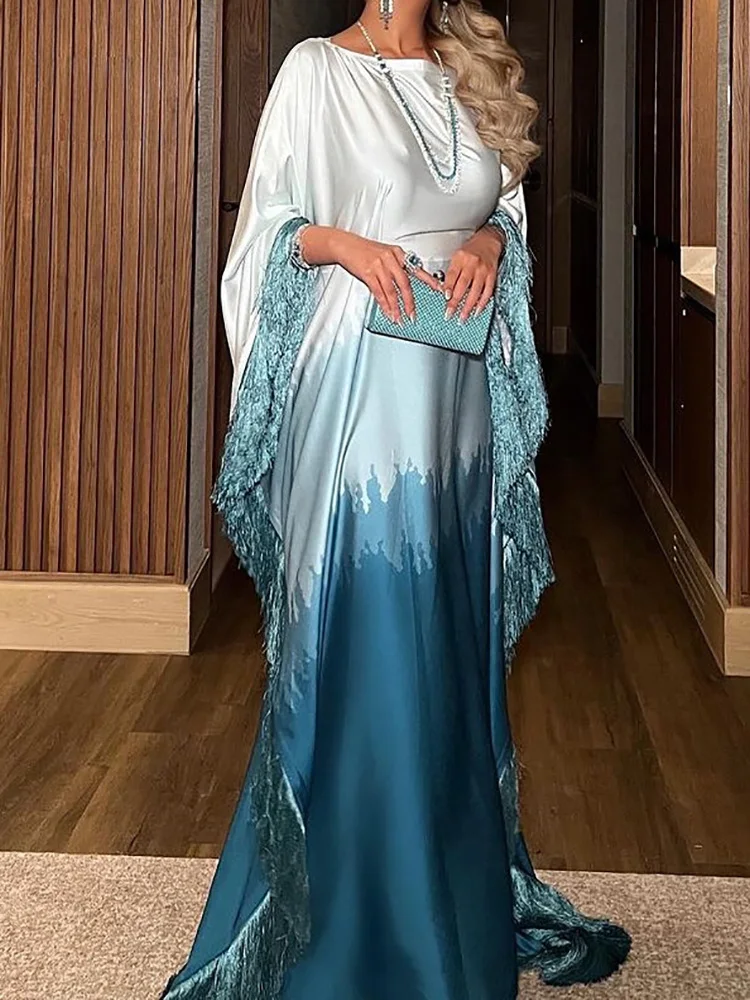 Ramadan Eid Batwing Sleeve Abaya Dubai Luxury 2024 Muslim Maxi Dress Loose Patchwork O Neck Abayas For Women Robe Tassel Vestido