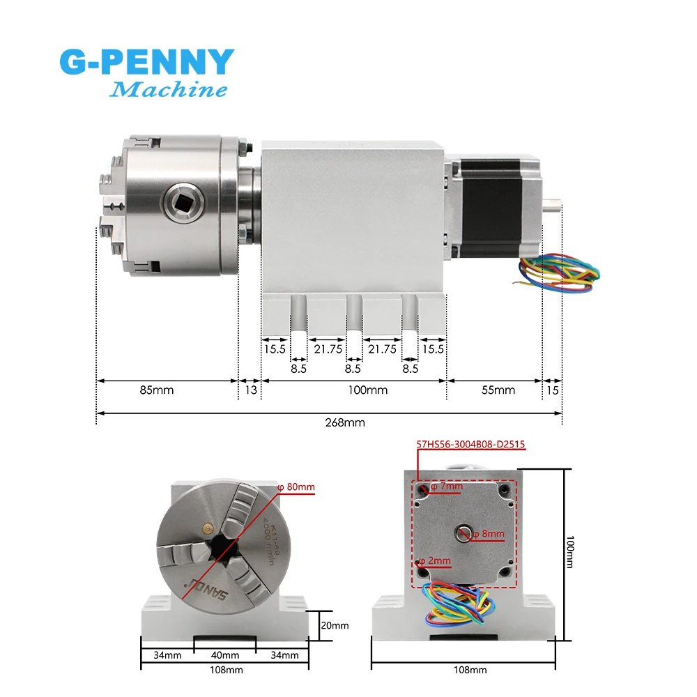 3/4Jaw 100mm CNC 4th Axis CNC dividing head/Rotation Axis/A axis kit Nema23 Gapless harmonic gearbox + Tailstock for CNC Machine