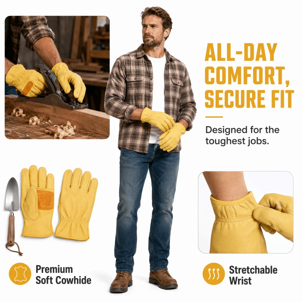 Flex Grip Leather Work Gloves Wear-Resistant Insulated Welding Protection Gloves Stretchable Wrist Soft Safety Work Gloves