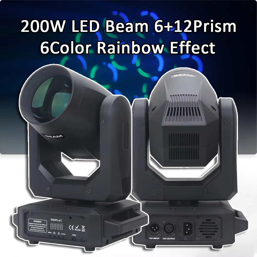 LED 200W Moving Head Light Beam&Spot 6+12 Rotating Prisms 12 Gobos 8+6Color Rainbow Effect Discharge -Lens DJ Party Stage