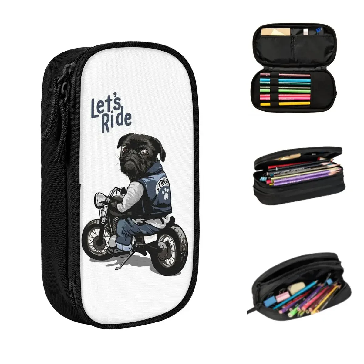 Let's Ride Motorcycle Big Bike Black Pug Dog Pencil Cases Large Capacity Pen Bags Pen Box Pencil Pouch For Boys Girls Students