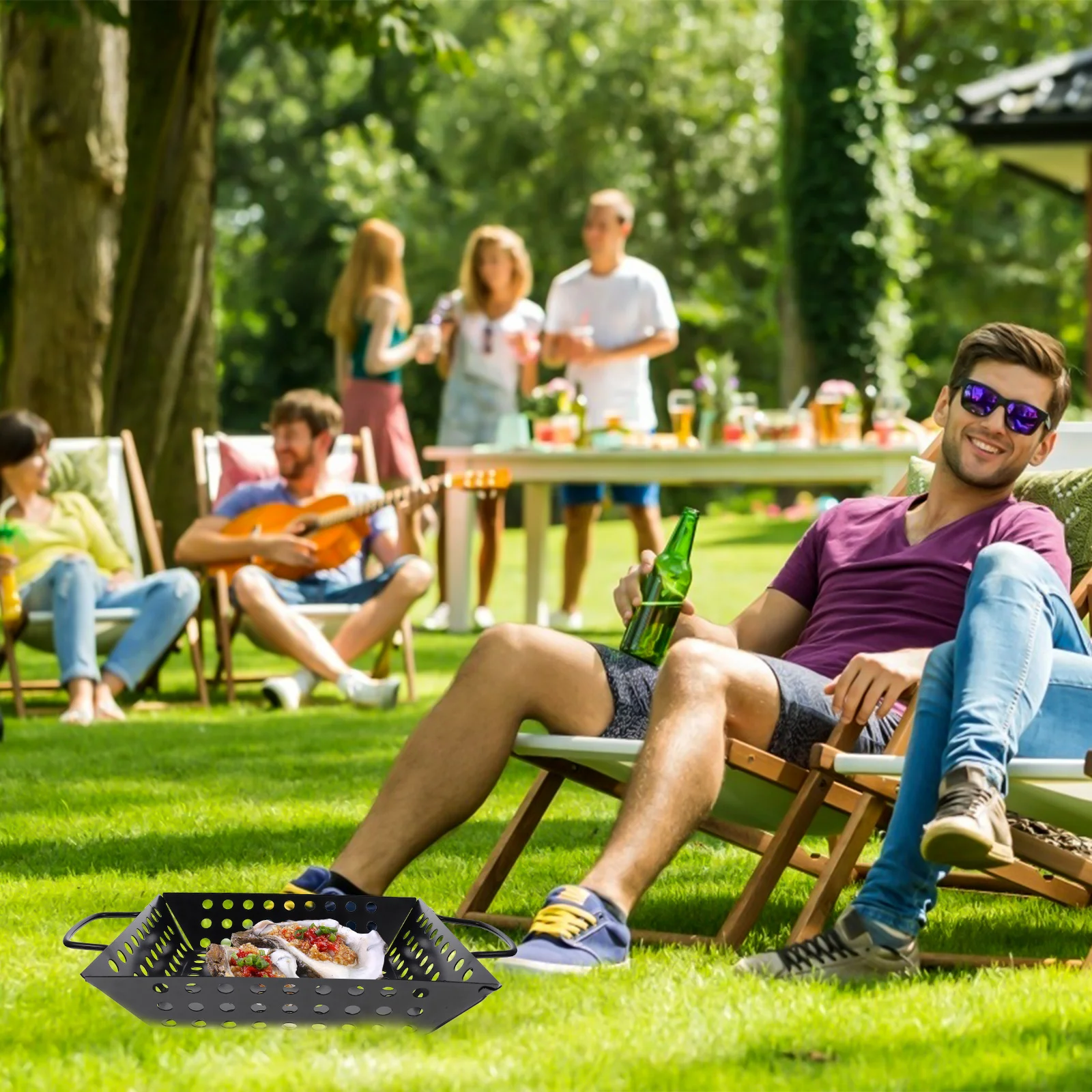 

1pc Bbq Grill Non-Stick Drain Hole Barbecue Dish Large Capacity Roasting Tray For Grill Meat Pan Outdoor Grilling Bakeware