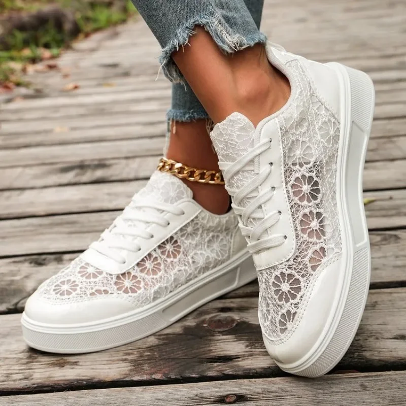 Zapatillas Deportivas de Mujer con Cordones y Encaje Floral, Transpirables, de Malla, Plataforma, Color Blanco