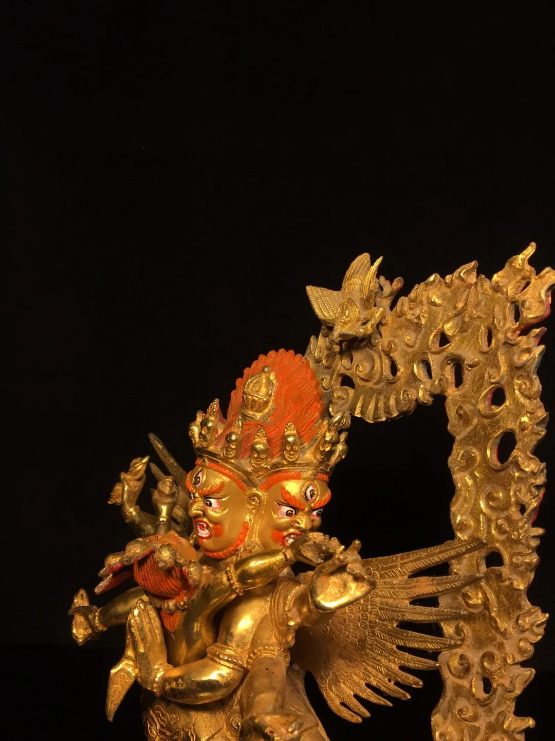 Tibetan bronze gilded face painted with pure copper backlight three-sided six-arm Maha King Kong ornaments home hall supplies 29