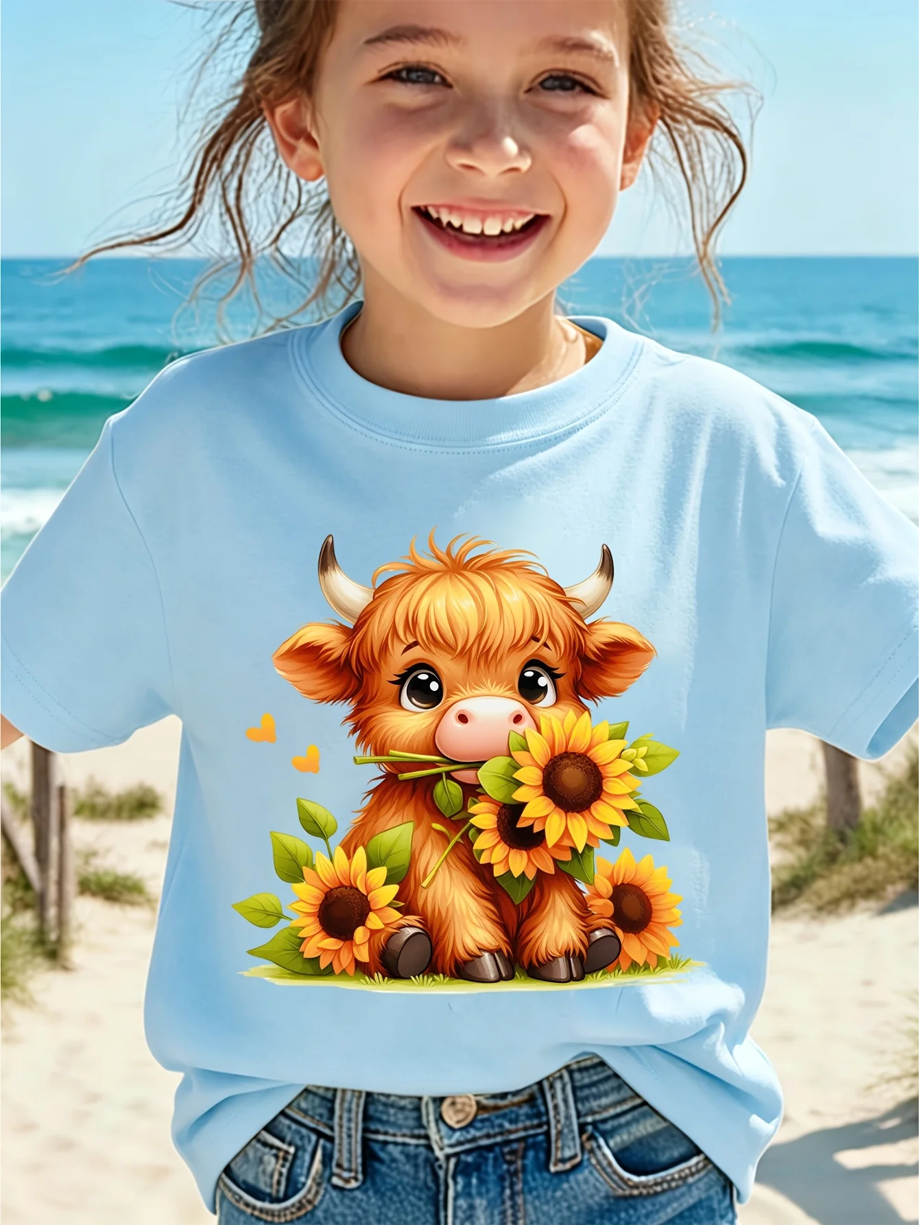 Kids Boys Girls T Shirt Cute Highland Cow Sunflower Print Short Sleeve Tee Family Matching Summer Beach Parent Child Tops