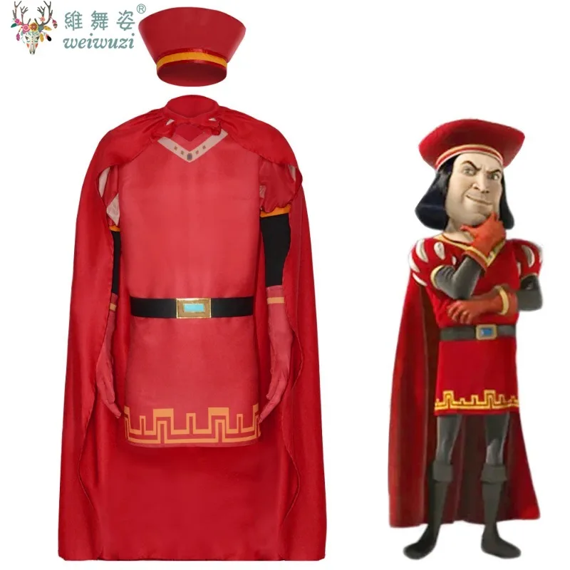 

Lord Farquaad Cosplay Anime Costume Uniform Cloak Glove Hat Set Medieval Cosplay Halloween Party Red Outfit for Kid Women Men