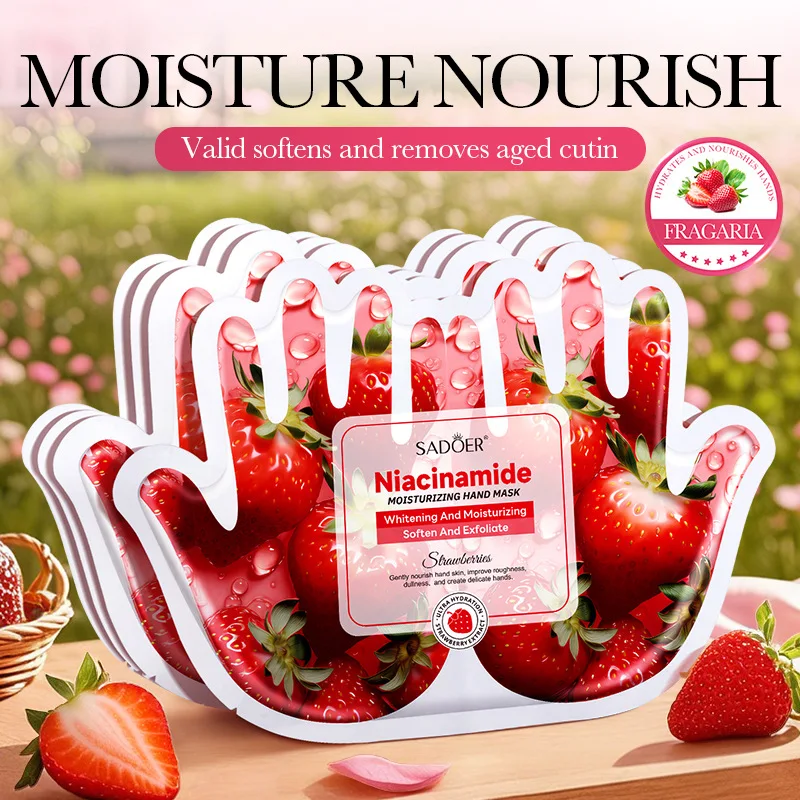 

5 пар масок для рук SADOER с клубникой, ниацинамидом, увлажняющие, антивозрастные, отшелушивающие, отбеливающие, для сухой кожи.