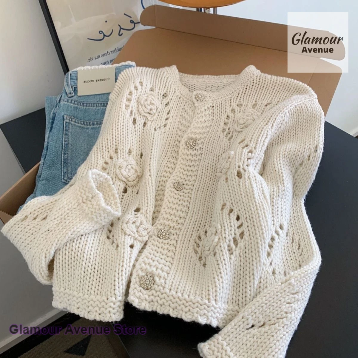 

Korean three-dimensional flower woven hollow long-sleeved knit cardigan women's autumn and winter round neck design sweater