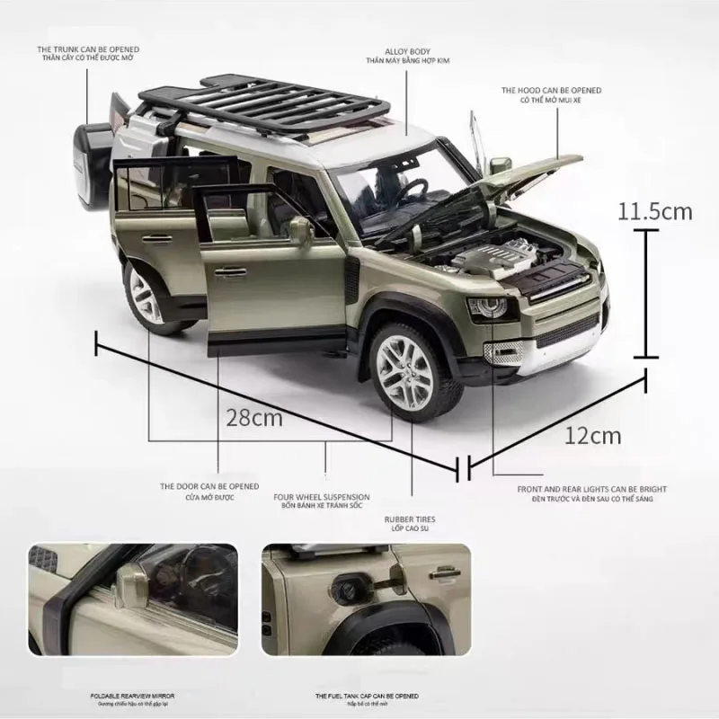1:18 Land Rover Defender SUV Alloy Off-Road Vehicles Diecast Metal Scale Large Model Car Sound&Light Childrens Birthday Toy Gift