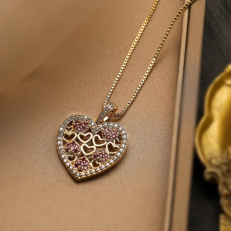 GANPUP Stilvolle Elegante Funkelnde Herz-Halskette mit Rotem Zirkonia-Anhänger für Damen, Modische Schlüsselbeinkette, Choker-Schmuck, Geschenk – Detail 7