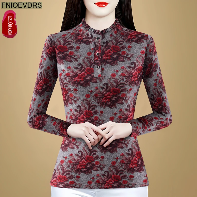 Retro Vintage Bloemenprint Fluwelen Tops Nieuw Design Dames Lange Mouw Bloemen Opstaande Kraag Knop Basics Shirts Blouses