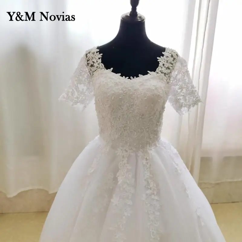 Y & m Novias – robe de mariée classique, col carré, blanc, ivoire, perles, avec manche, bord en dentelle appliqué, grande taille