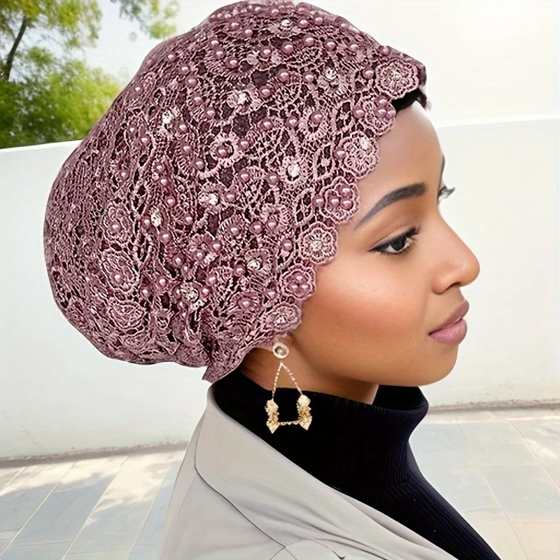 Popular hot-selling lace beaded head hat Baotou hat women\'s Arabic gauze scarf ethnic style Hui headscarf hat