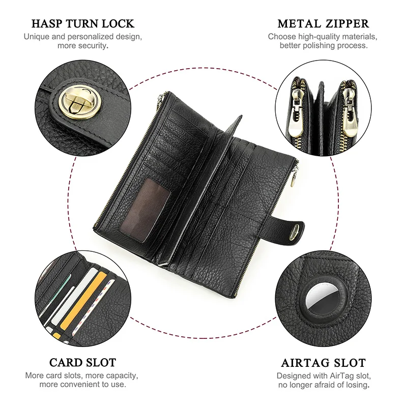 CONTACT'S Genuine Leather Long Wallet Women Vintage Senior Card Slots Clutch Wallets Female RFID Travel Business Gift Money Bag
