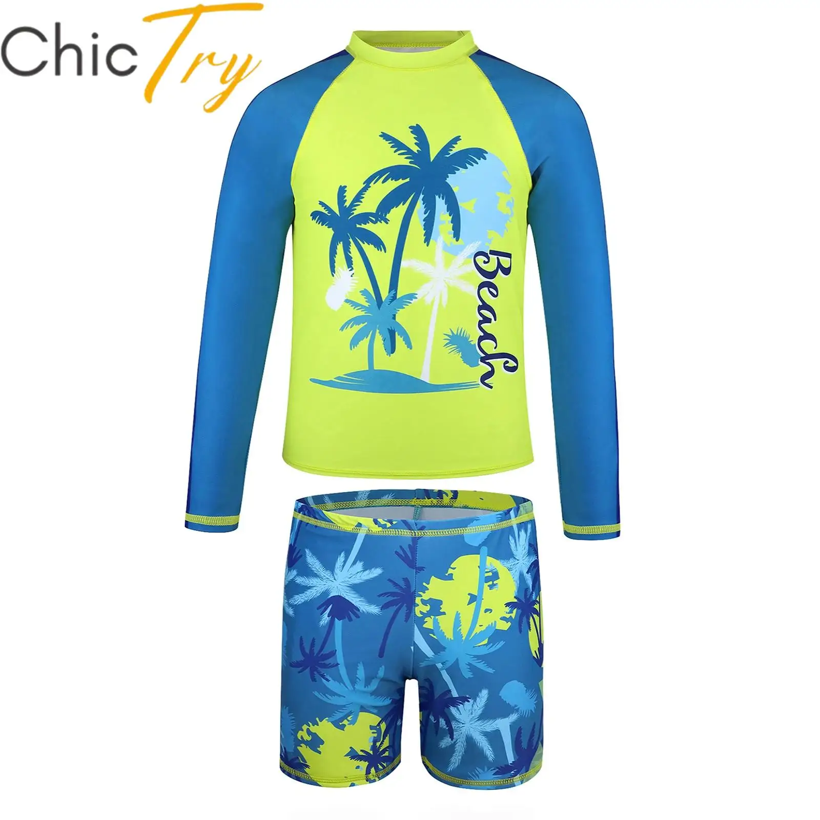 

Boys Two Pieces Rash Guard Swimsuit Set Long Sleeves Swim Tops and Trunks Set Tropical Print Swimwear Beachwear Bathing Suit
