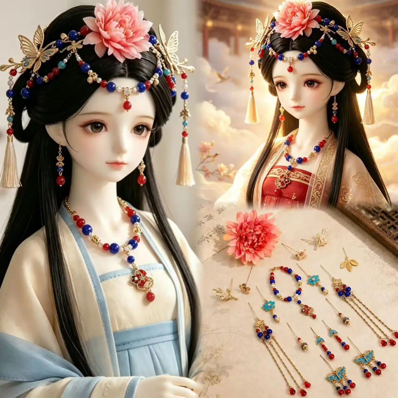 Детали для кукол 1/3, 1/4, 1/6: Изысканные украшения для головы куклы BJD в старинном стиле, аксессуары для волос/заколки в стиле Ханьфу для самостоятельного украшения кукол.