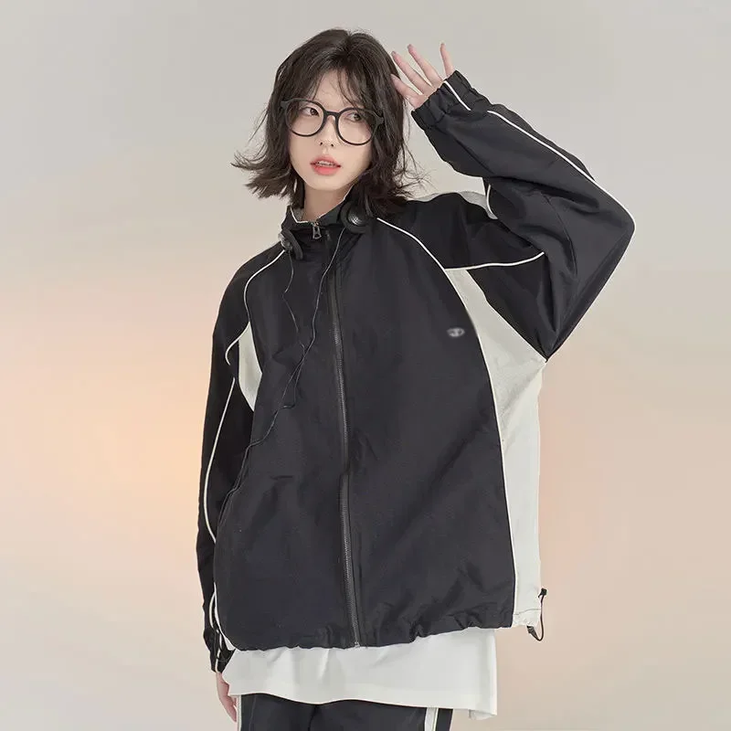 HOUZHOU Vintage Y2k Windbreaker Jacket Women Oversize Korean Fashion Harajuku Streetwear Track Jackets Outdoor Spring Autumn