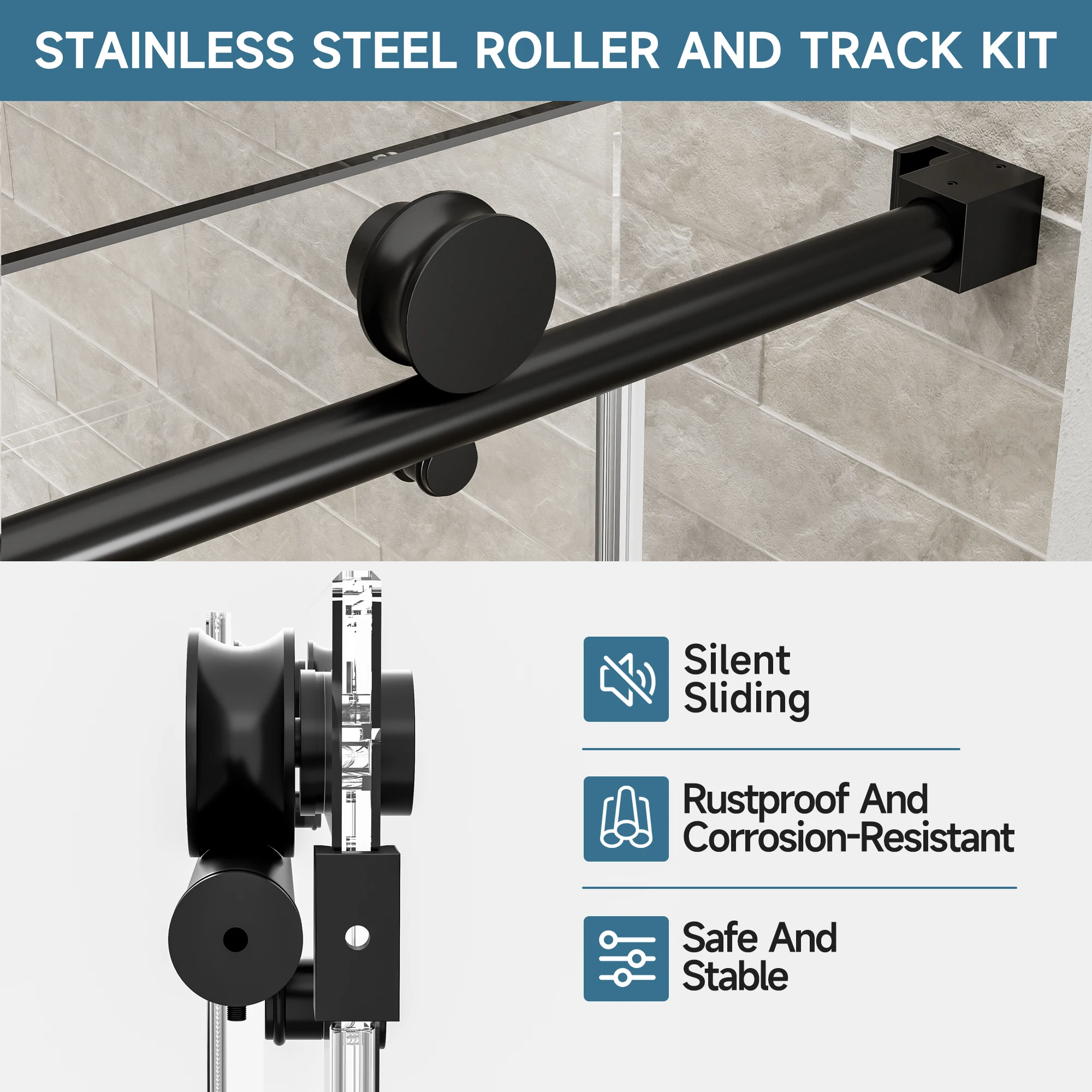 SH.KL 56-60 بوصة عرض × 76 بوصة باب دش الحمام، زجاج مقسى 8 مم، باب منزلق فردي، شاشة دش سوداء غير لامعة