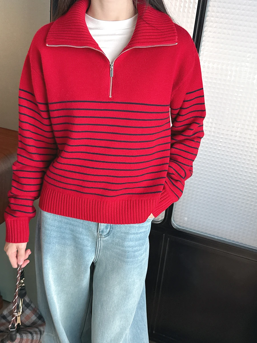 

Классический шерстяной вязаный свитер с молнией на воротнике, модный повседневный стиль, в студенческом стиле, с длинными рукавами, в полоску