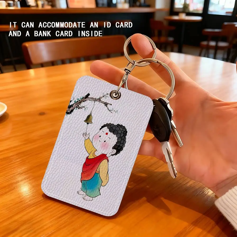 Buddha Cute Keyring Leather Access Card Holder Keychain Community Proximity Card Protective Case