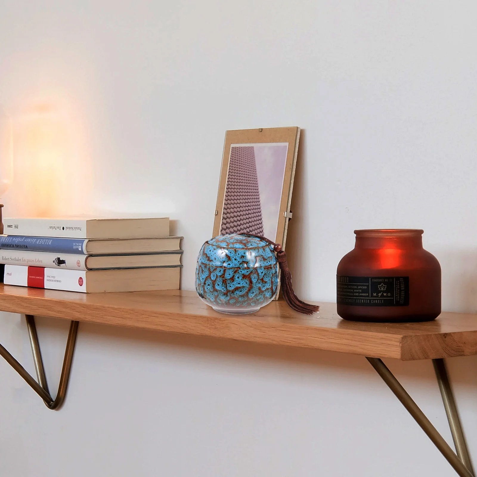 

Ceramic Tea Canister with Vintage Tassel Lid Sealed Storage Jar for Loose Tea Leaf Coffee Beans Dried Fruit Food Organizer