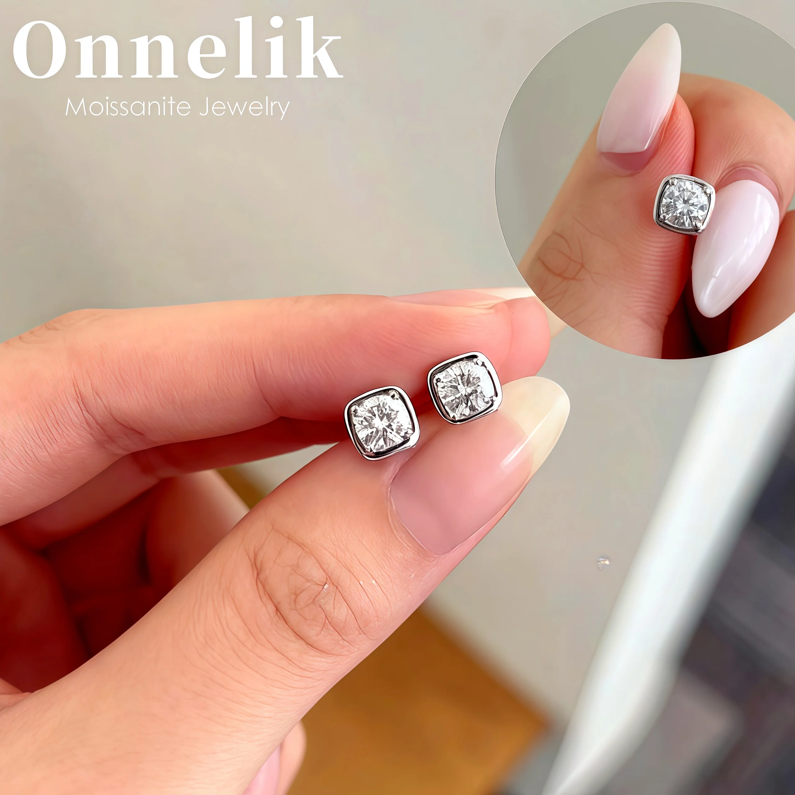 

Onnelik S925 Sterling Silver 1CT Square Sugar Moissanite Stud Earrings Unique Setting Minimalist Dainty Earrings for Women Gift