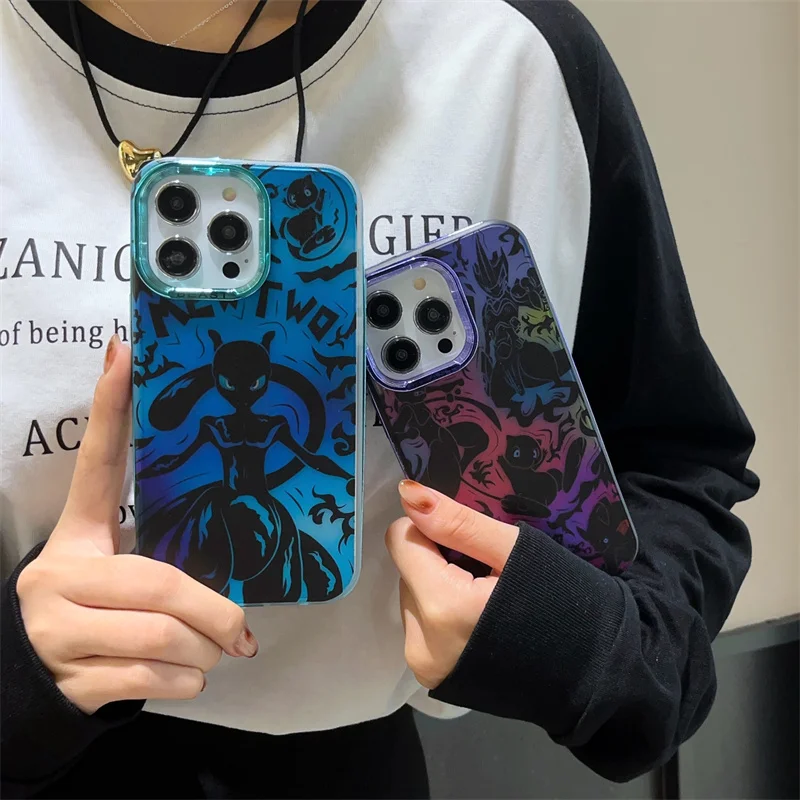 Cartoon Pokemon Mewtwo Gengar Case For Apple iPhone 15 14 13 12 11 Pro Max Aurora Electroplated Back Protect Shockproof Cover