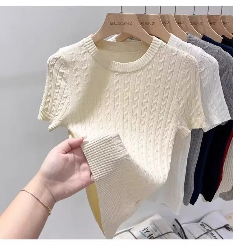 Zjaiss 2026 Summer Korean Retro Elegant Texture Short Sleeve O-Neck Twist Knit Top Women Soft Casual Versatile Thin T-shirt