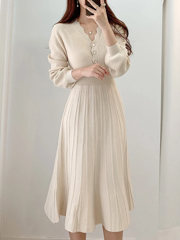 

New Fashion Autumn Winter Knitted Long Dress Women Ladies Clothes Sweater Inner-Match V-Neck Slim Midi Mujer Robe Femme Vestidos