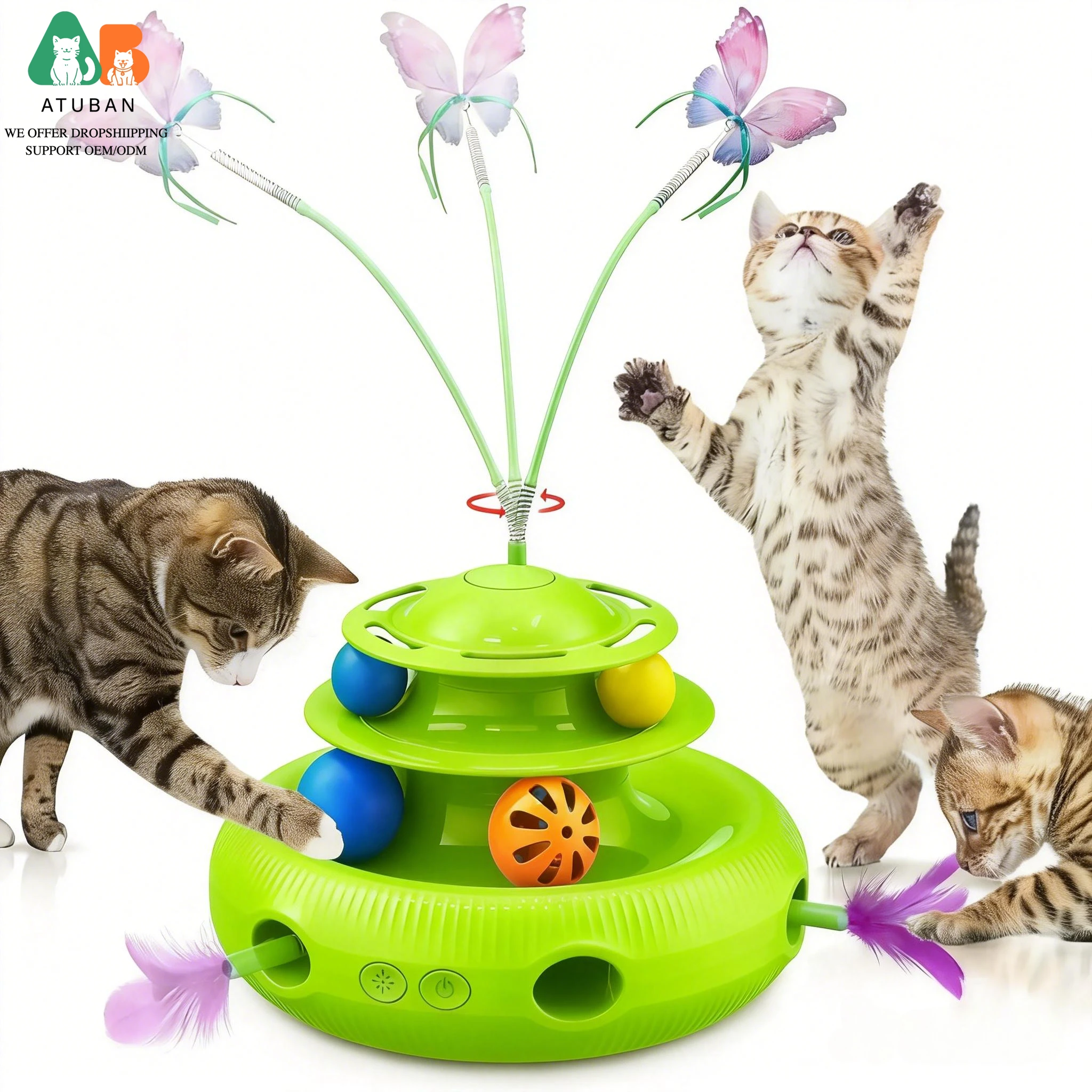 

Игрушки для кошек, 4-в-1: перезаряжаемая автоматическая интерактивная игрушка для кошек с машущей бабочкой, перьями, движущимися навстречу, и двухуровневой трассой с шариками
