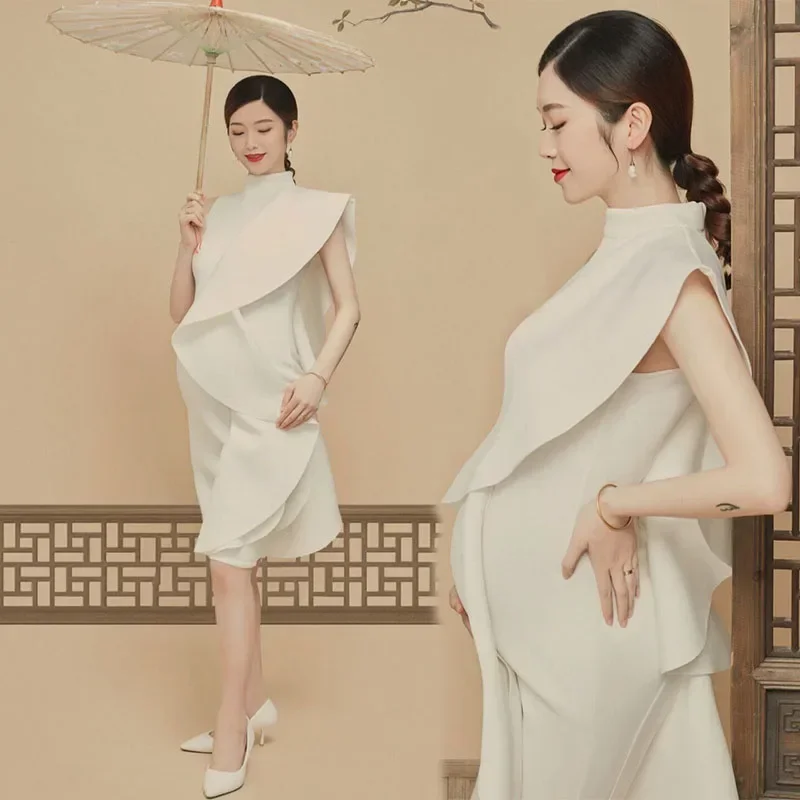 

Maternity Photography Clothing New Knitted Dress White Retro Meticulous Painting Beautiful Maternity Photo Photo Clothing