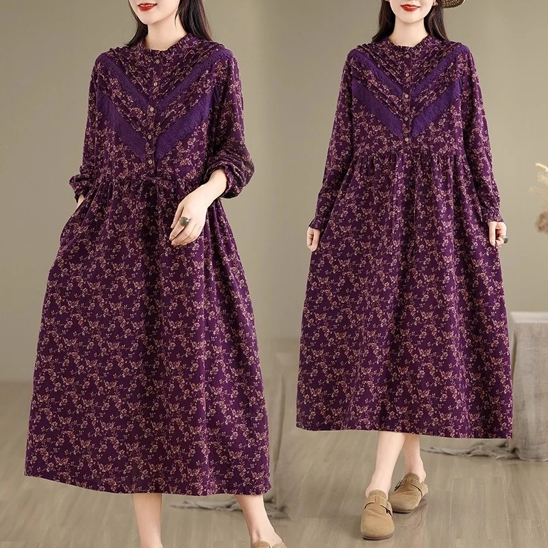 2025 Herfst Nieuwe Artistieke Retro Gebloemde Jurk Voor Vrouwen Losse Lace Up Hoge Taille A-lijn Lange Jurk Casual Kleding W717