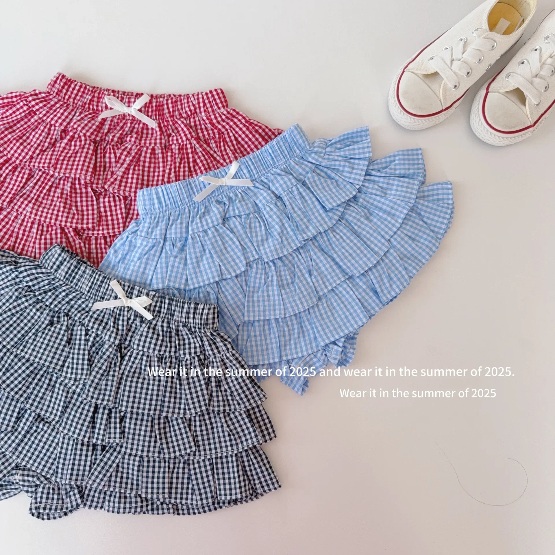 

Girls Skirts 2025 Summer New Childrens Clothes Korean Style Girls Baby Ruffled Shampan Skirt Casual Simple and Daily