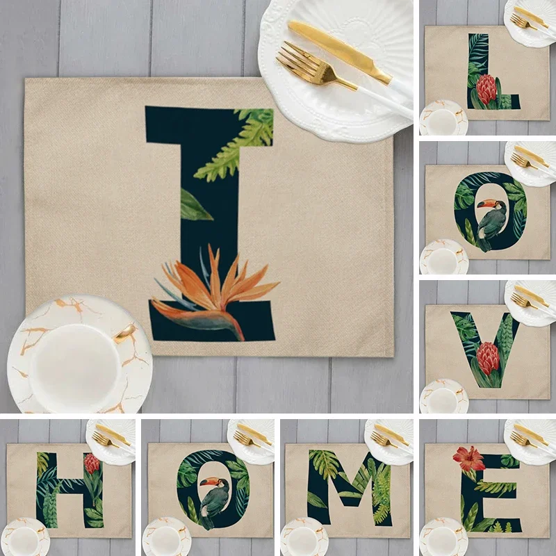 32x45cm Letters Cotton Linen Kitchen Placemat Green Tropical Leaves Plant Dining Table Mats Animal Flower Coaster Pad