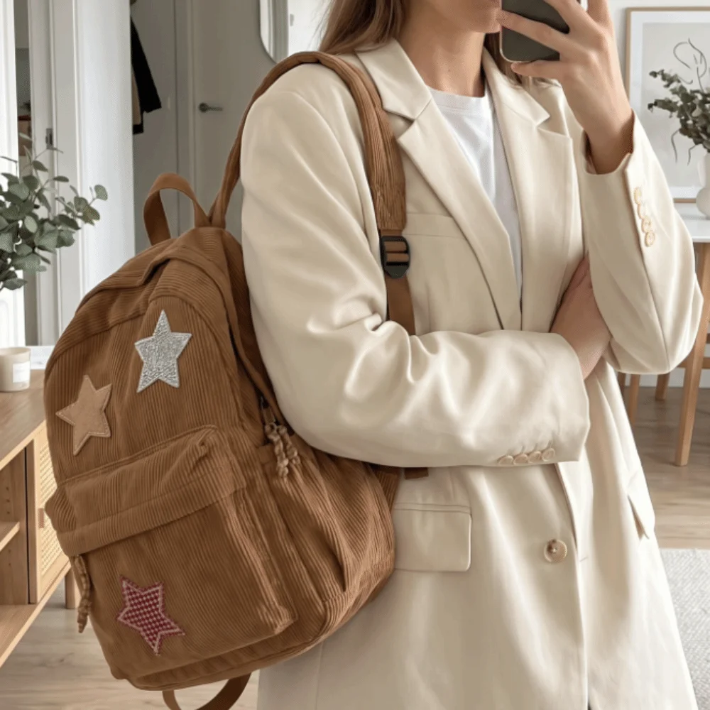 Vintage Star Corduroy Backpack Lightweight Soft Fabric School Backpack Colorful Zipper Travel Bag School