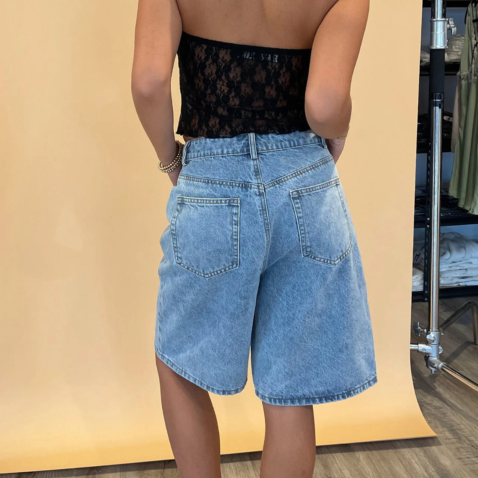 Combhasaki Damen Sommer y2k Vintage knielange Jeans Jeans einfarbig Knopf hohe Taille locker sitzen Jeans shorts mit Taschen