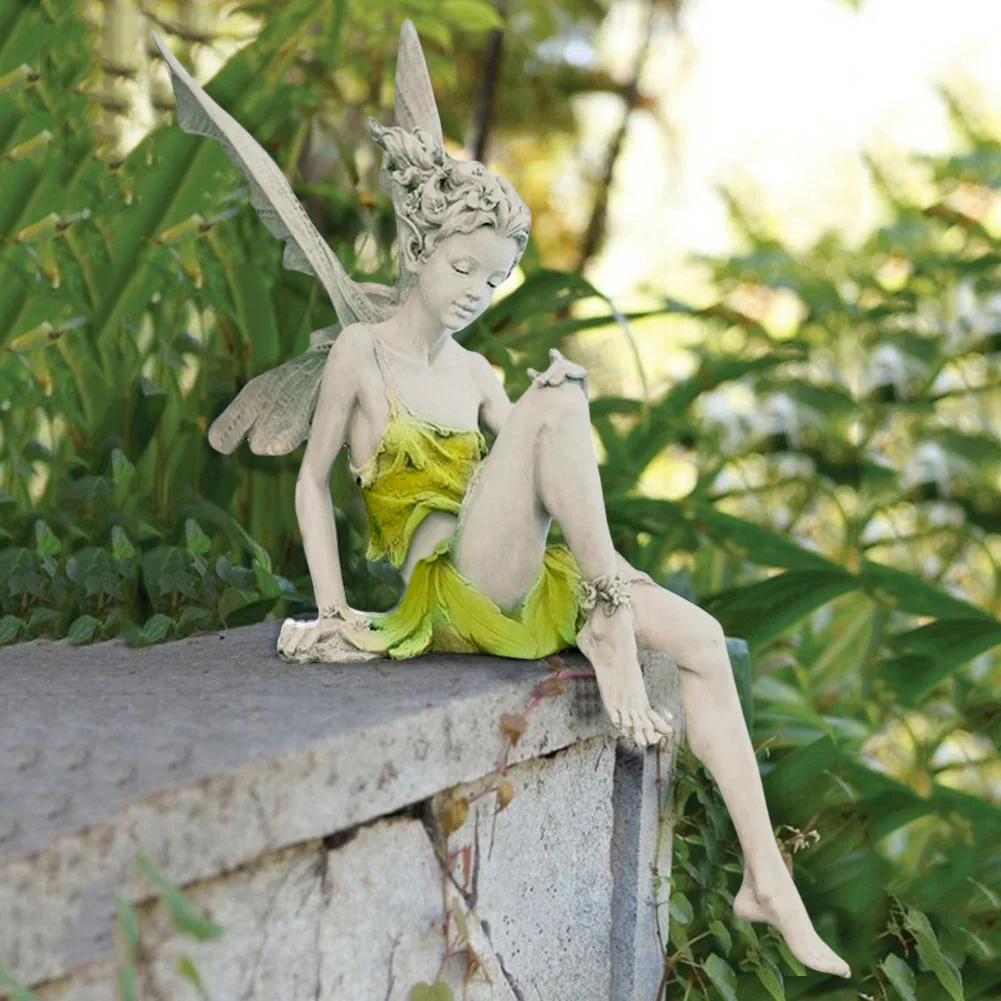 Flower Fairy Resin Statue Decoration Outdoor Garden Angel Girl Sitting Figurines Sculpture Craft Landscaping Yard Art Ornament