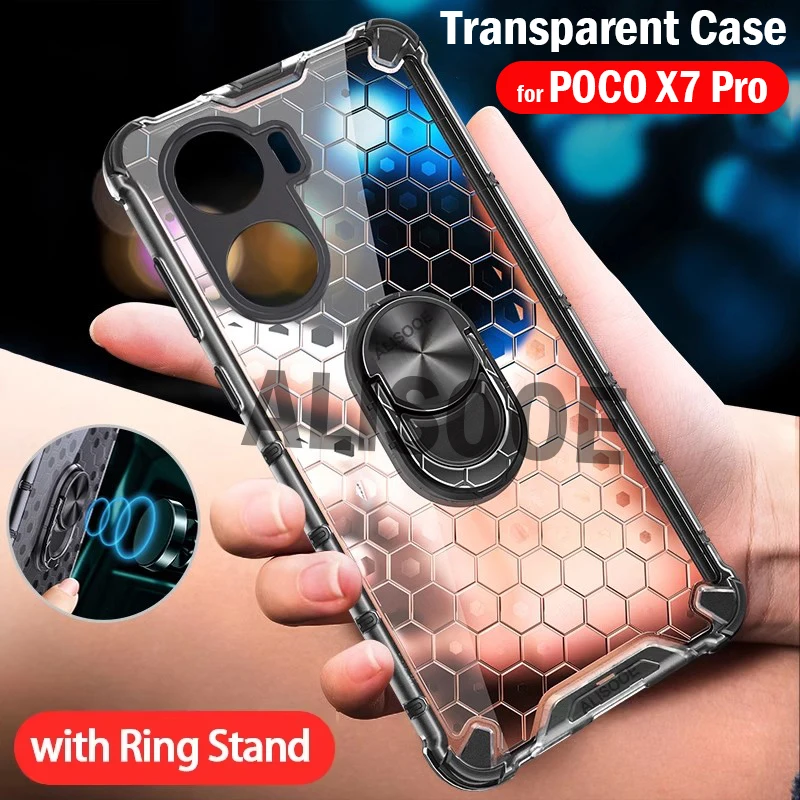 Capa for POCO X7 Pro Case Honeycomb Texture Transparent Ring Stand 2 in1 Full Protection Cover for Xiaomi POCO X7 Pro 5G Funda