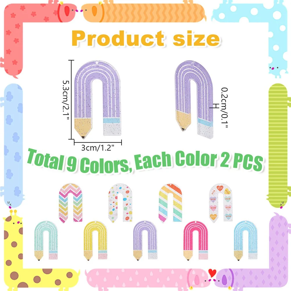 

18Pcs 9 Colors Acrylic Pendants with Glitter Powder Pencil Mixed Color 52.5x30x2mm Hole: 1.8mm 9 colors 2pcs/color 18pcs.