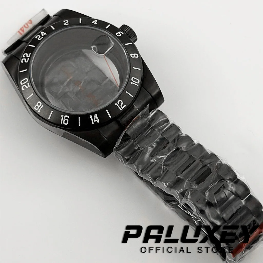 39mm PVD Black Presidential Bracelet NH34 NH35 NH36 NH38 Sapphire Glass Watch Case 24 Hours GMT Fixed Bezel ETA2824 Case