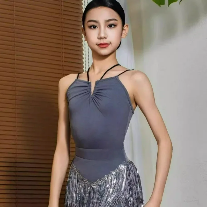 الأطفال اللاتينية الرقص هامش اللباس مجموعة للفتيات عبرت الظهر شرابة Dancewear تشا تشا سامبا الجاز المنافسة أداء زي