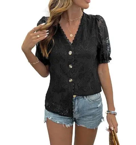 Sexy T-Shirts, Pullover-Oberteile, elegante Damen-Strickjacke und Pendler, 2025, Sommer-Spitzenhemd mit V-Ausschnitt und Spitze