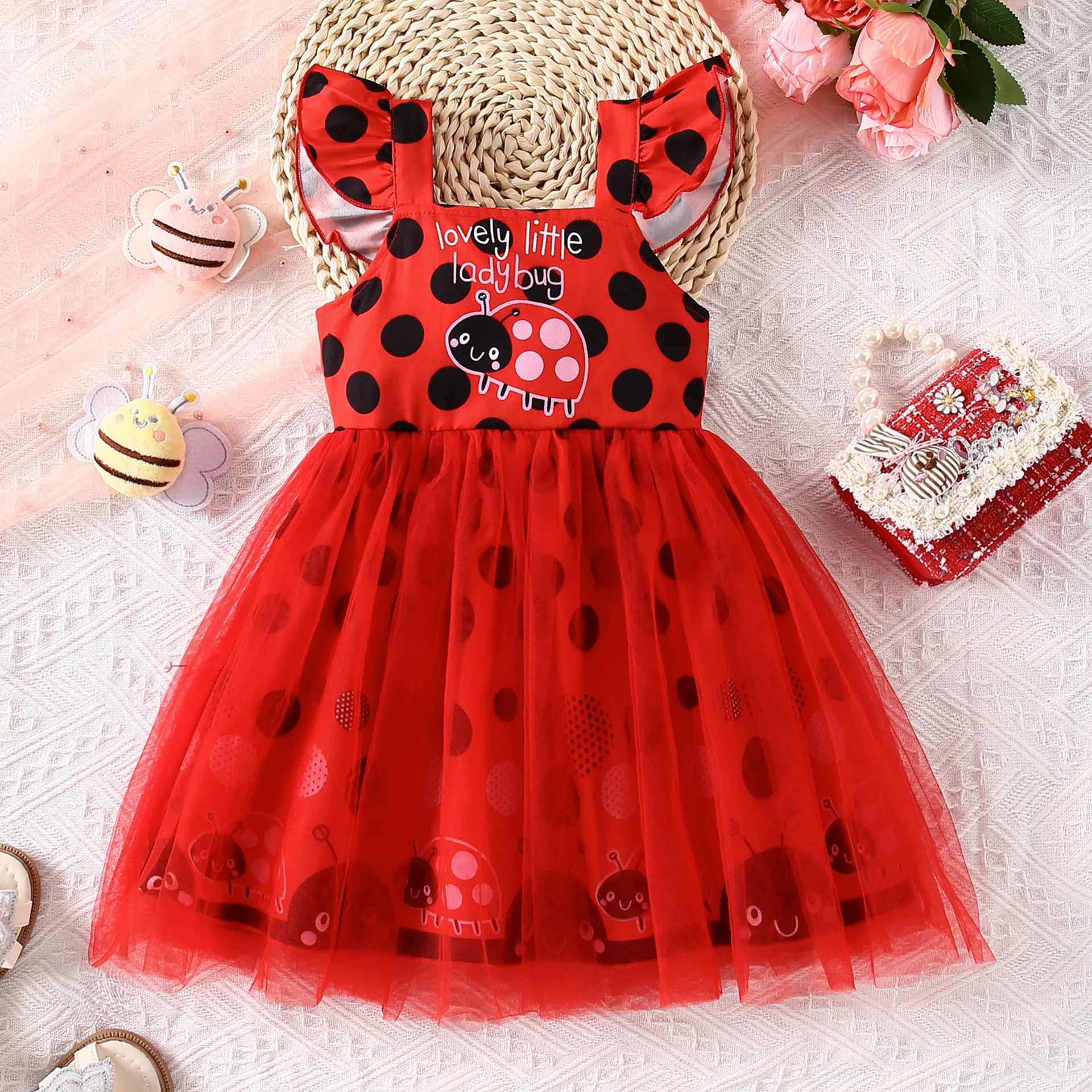 Little Baby Girls Summer Casual Dress Flutter Sleeve Letter Ladybug Polka Dot Printed Mesh Tulle Princess Dress