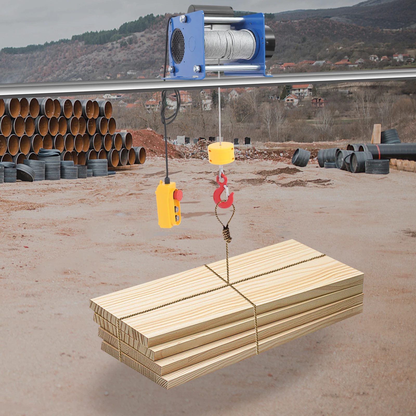 Koolstofstaal 1KW elektrische takel 400kg dubbel touw heffen 30m draadgestuurde takelkraan met noodrem