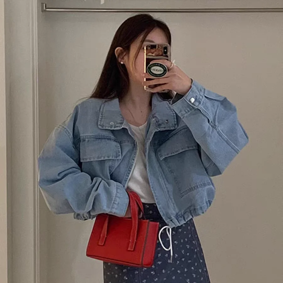 

Chic ort Denim Jaet Women's Sweet Cool Workwear Sle Double ket Dstring Casual Loose Fit Spring Faion Top