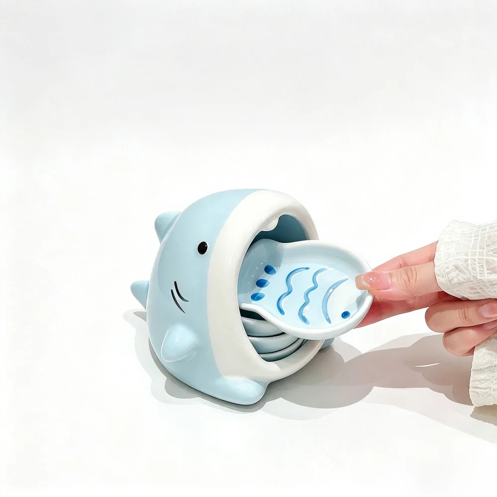 Stackable Ceramic Seasoning Dish Set, Cute Cartoon Shark Storage Container, Small Fish Shaped Dipping Dish, Suitable For Familie