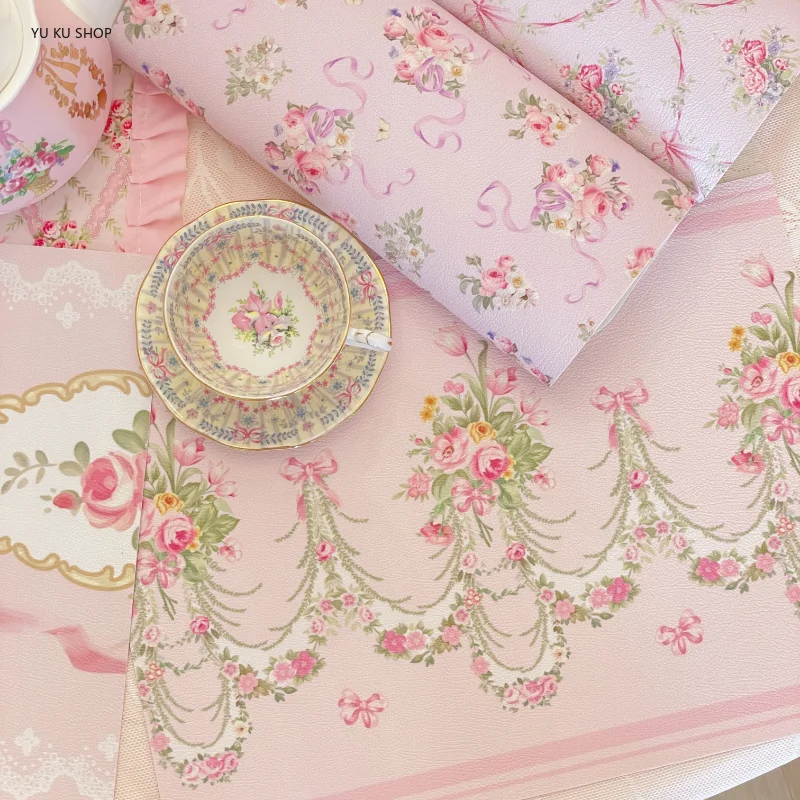 Vintage Placemat for Table Bow Rose Floral Heat Insulation Mat Leather Table Mat Waterproof Oil Resistant Hot Western Placemat