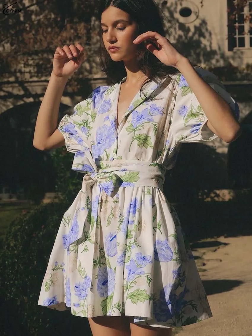 

Oymimi Elegant Blue Print Dresses 2025 Woman Fashion O-Neck Short Sleeve High Waisted Dresses Casual Button Lace-Up Mini Dress